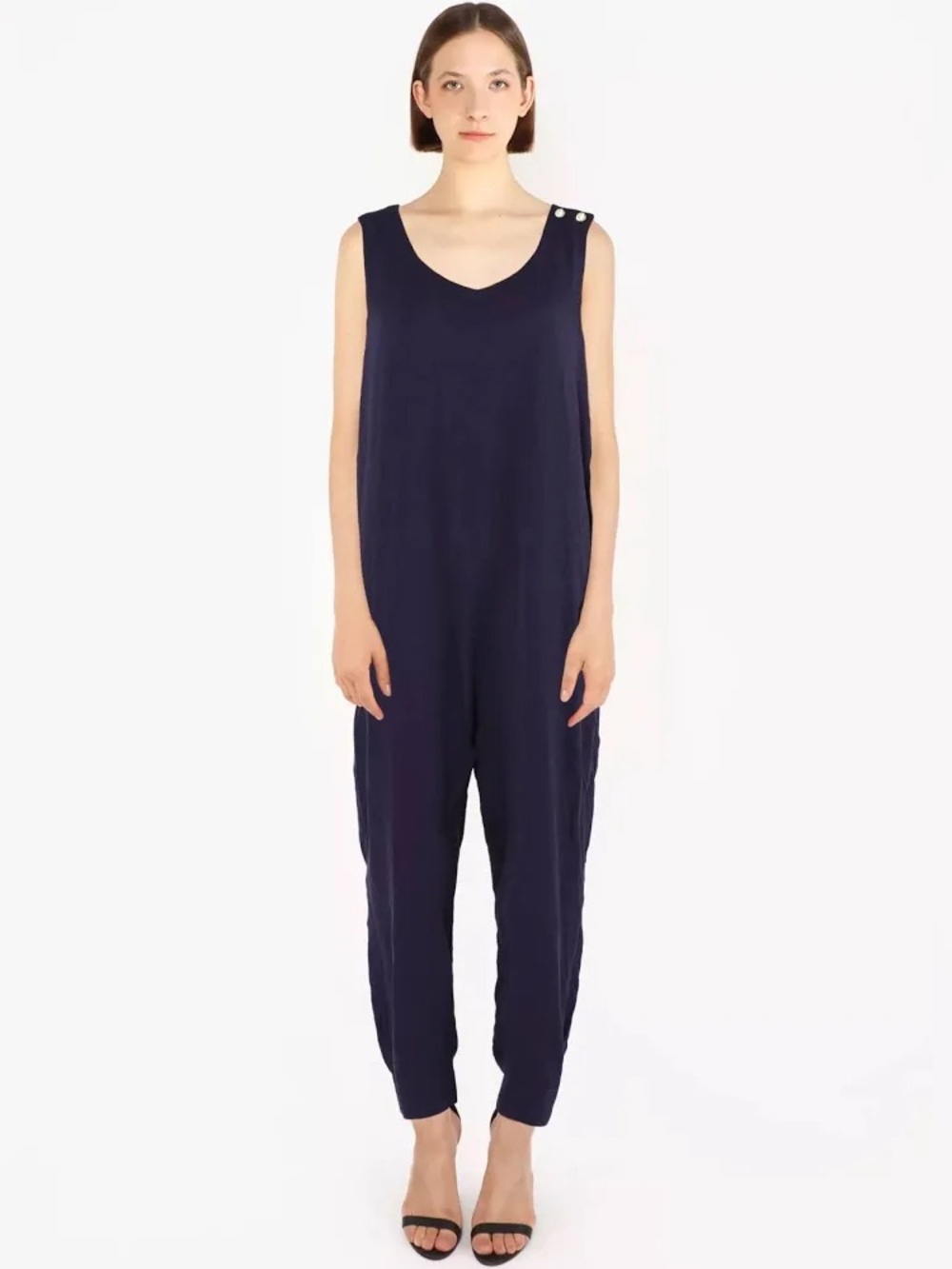 The Row Sleeveless Navy V-Neck Jumpsuit with Button Shoulder